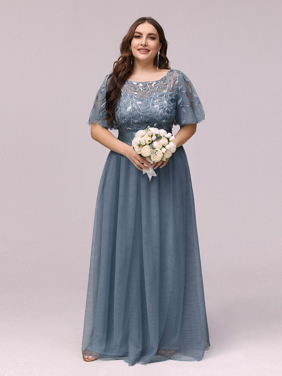 Color=Dusty Navy | Sequin Print Plus Size Wholesale Evening Dresses With Cap Sleeve-Dusty Navy 4