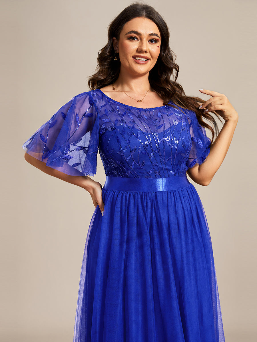 Color=Sapphire Blue | Sequin Print Plus Size Wholesale Evening Dresses with Cap Sleeve-Sapphire Blue 5