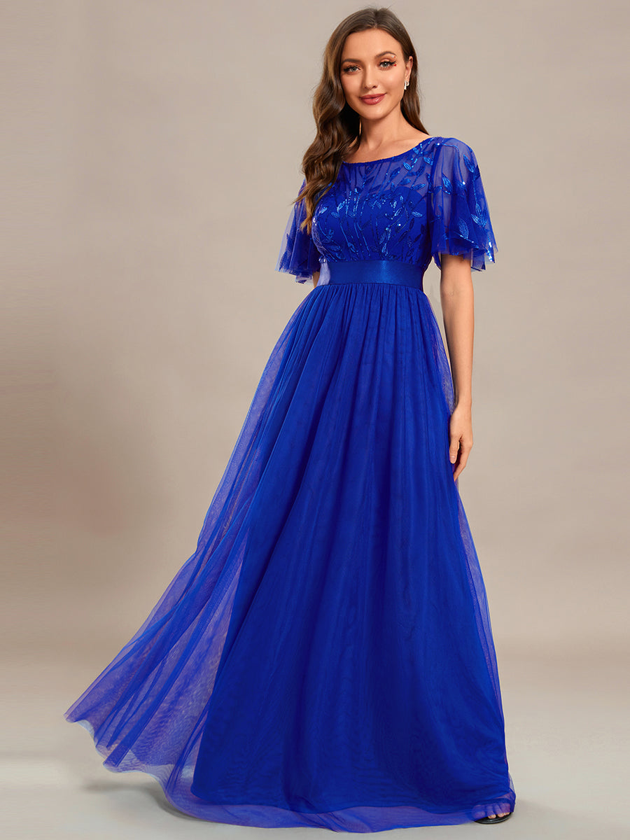 Color=Sapphire Blue | Sequin Print Maxi Long Wholesale Evening Dresses with Cap Sleeve-Sapphire Blue 3