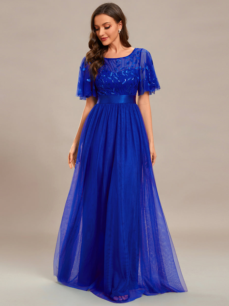 Color=Sapphire Blue | Sequin Print Maxi Long Wholesale Evening Dresses with Cap Sleeve-Sapphire Blue 4