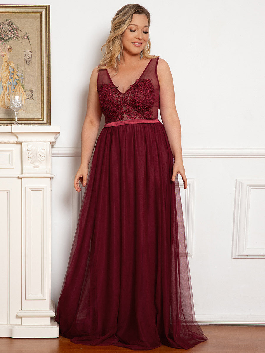 Color=Burgundy | Plus Size Women'S A-Line V-Neck Floral Lace Appliques Bridesmaid Dresses Ep00930-Burgundy 1
