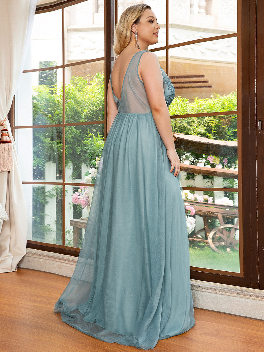 Color=Dusty blue | Plus Size Women'S A-Line V-Neck Floral Lace Appliques Bridesmaid Dresses Ep00930-Dusty blue 2