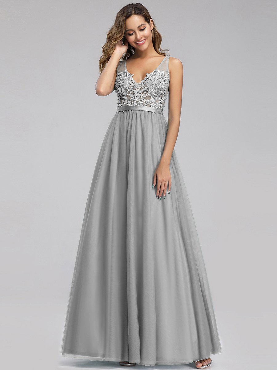 Color=Grey | Women'S A-Line V-Neck Floral Lace Appliques Bridesmaid Dresses Ep00930-Grey 4