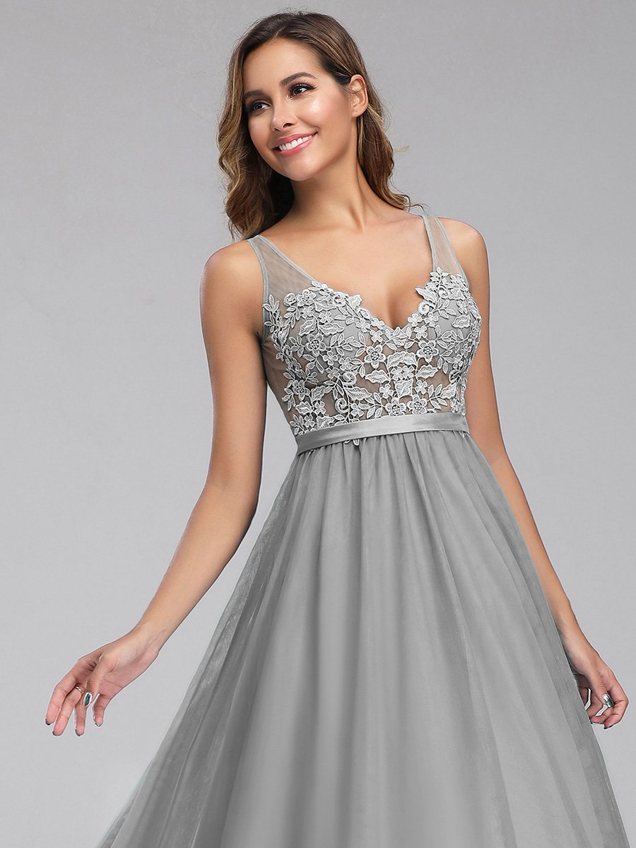 Color=Grey | Women'S A-Line V-Neck Floral Lace Appliques Bridesmaid Dresses Ep00930-Grey 5