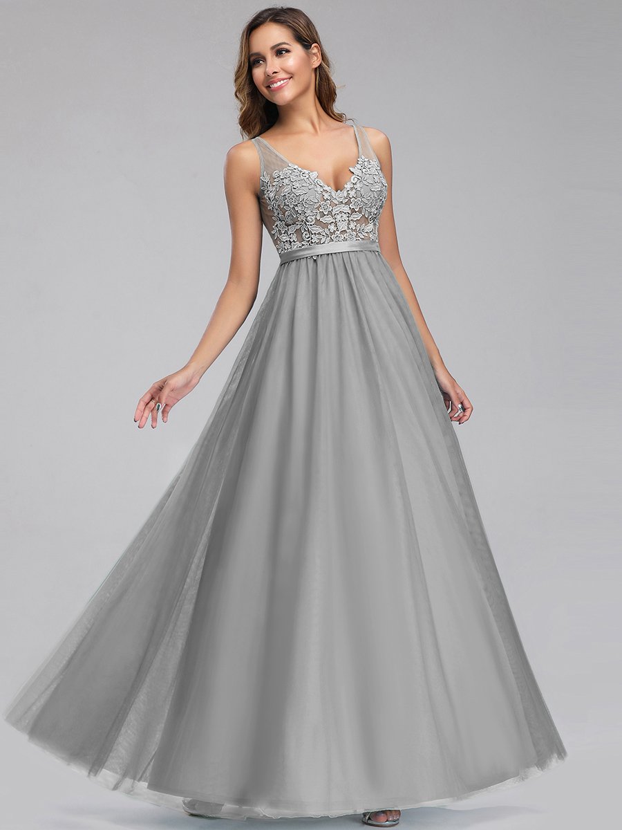 Color=Grey | Women'S A-Line V-Neck Floral Lace Appliques Bridesmaid Dresses Ep00930-Grey 1