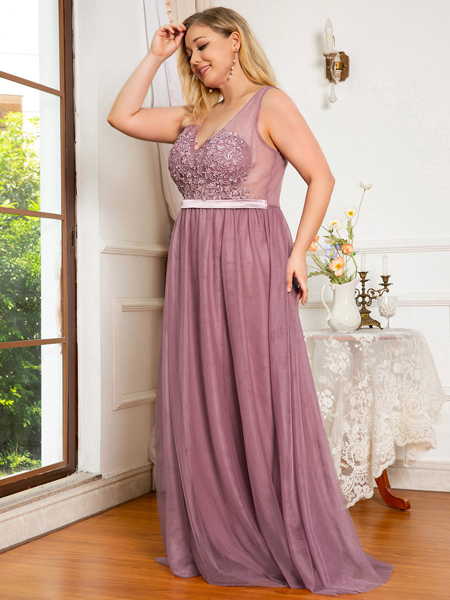 Color=Orchid | Plus Size Women'S A-Line V-Neck Floral Lace Appliques Bridesmaid Dresses Ep00930-Orchid 3