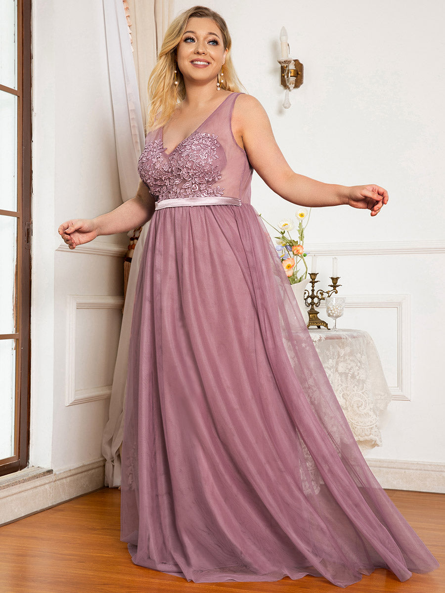 Color=Orchid | Plus Size Women'S A-Line V-Neck Floral Lace Appliques Bridesmaid Dresses Ep00930-Orchid 4
