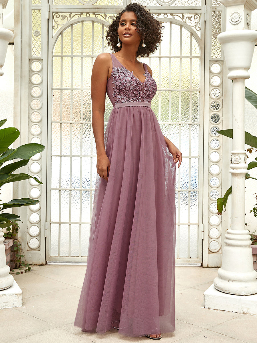 Color=Orchid | Women'S A-Line V-Neck Floral Lace Appliques Bridesmaid Dress-Orchid 3
