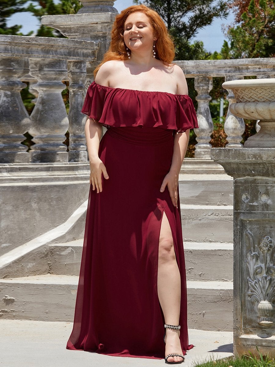 Color=Burgundy | Plus Size Women'S A-Line Off Shoulder Ruffle Thigh Split Bridesmaid Dresses Ep00968-Burgundy 1