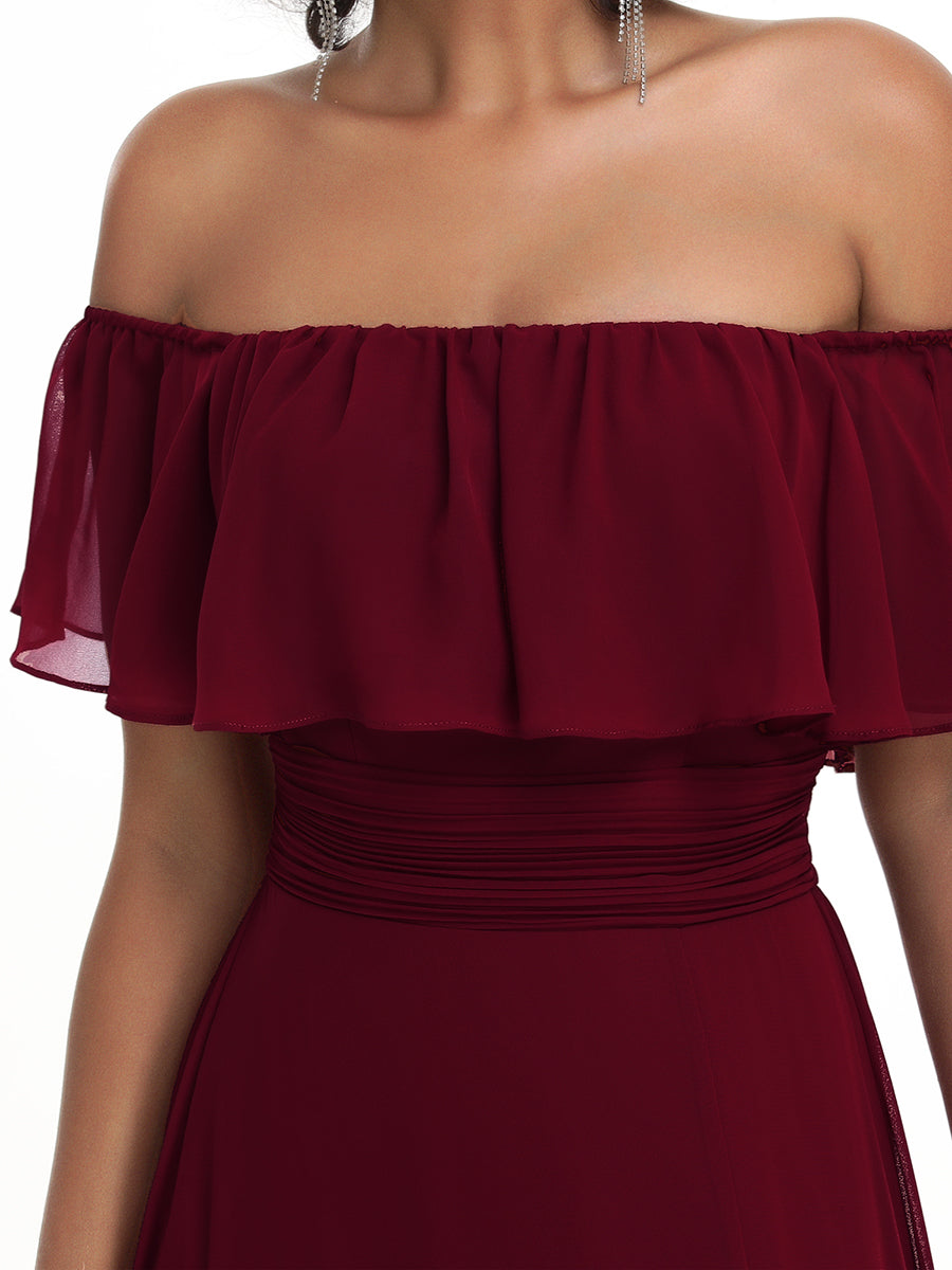 Color=Burgundy | Women'S A-Line Off Shoulder Ruffle Thigh Split Bridesmaid Dress-Burgundy 6