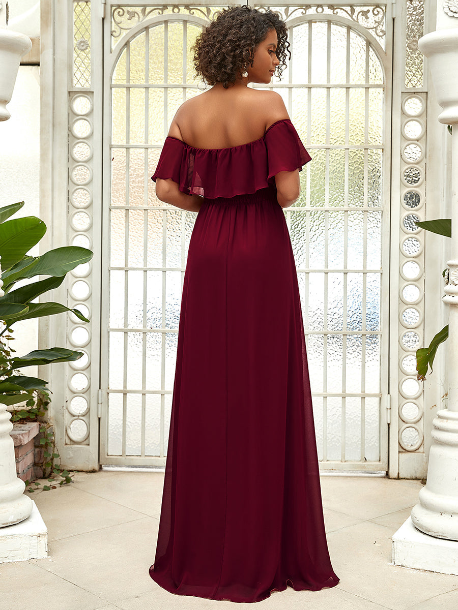 Color=Burgundy | Women'S A-Line Off Shoulder Ruffle Thigh Split Bridesmaid Dress-Burgundy 2