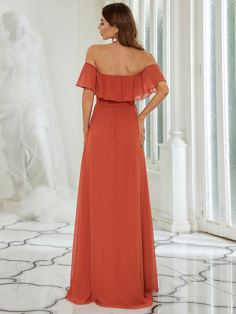 Color=Burnt orange | Women'S A-Line Off Shoulder Ruffle Thigh Split Bridesmaid Dress-Burnt orange 2