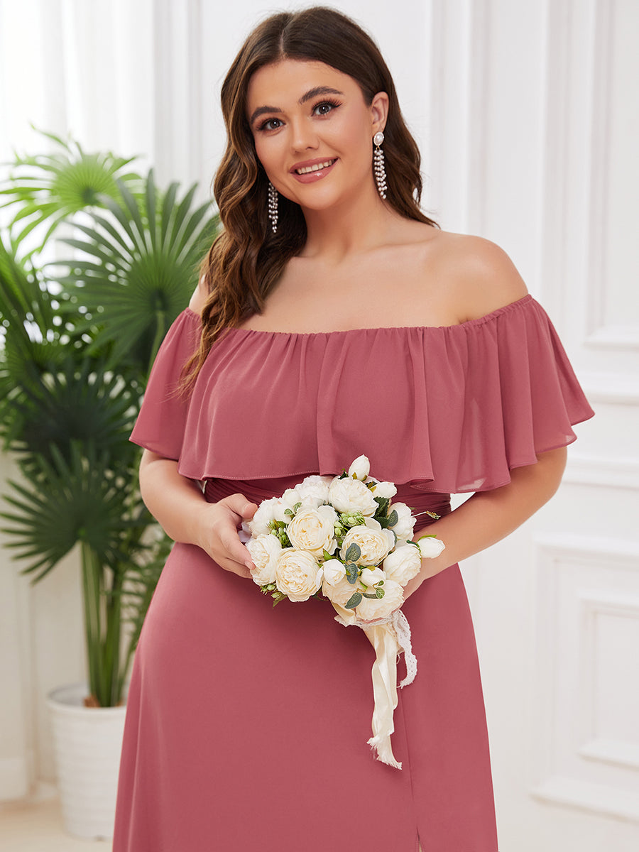 Color=Cameo Brown | Plus Size Women'S A-Line Off Shoulder Ruffle Thigh Split Bridesmaid Dresses Ep00968-Cameo Brown 5