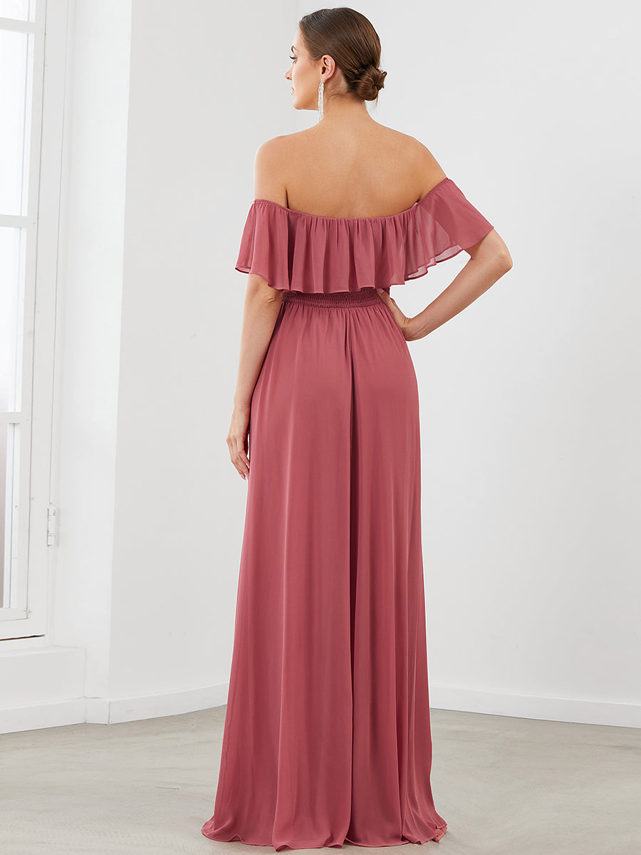 Color=Cameo Brown | Women'S A-Line Off Shoulder Ruffle Thigh Split Bridesmaid Dress-Cameo Brown 2