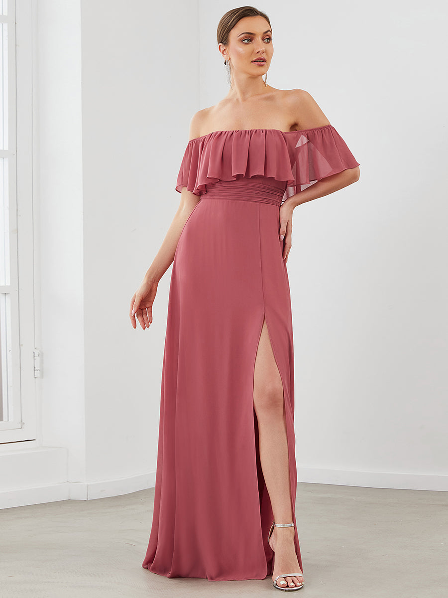 Color=Cameo Brown | Women'S A-Line Off Shoulder Ruffle Thigh Split Bridesmaid Dress-Cameo Brown 3