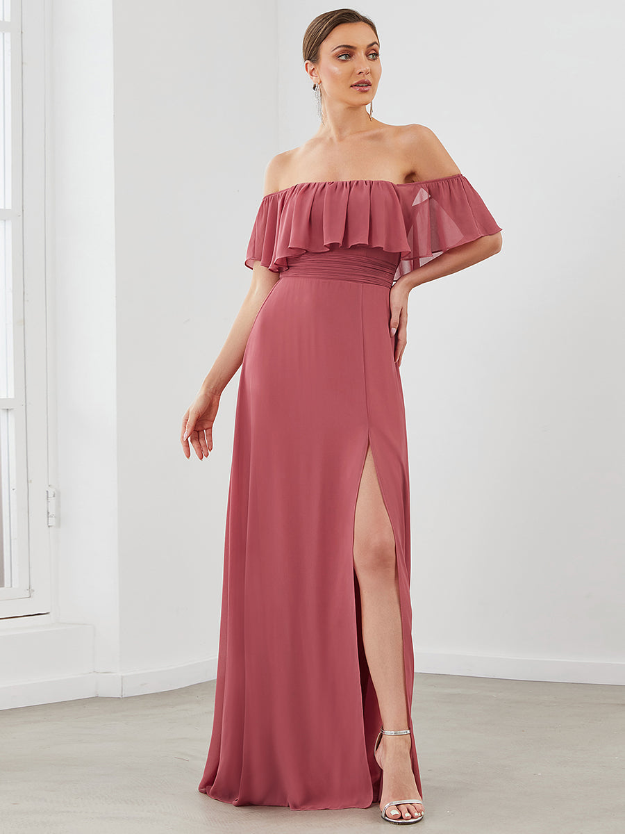 Color=Cameo Brown | A-Line Off Shoulder Ruffle Thigh Split Bridesmaid Dress-Cameo Brown 3