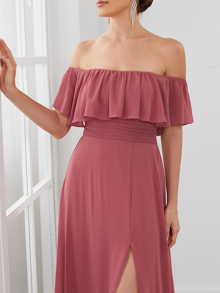 Color=Cameo Brown | Women'S A-Line Off Shoulder Ruffle Thigh Split Bridesmaid Dress-Cameo Brown 5