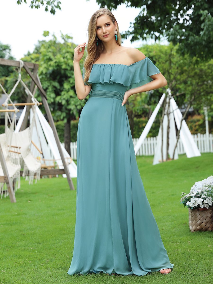 Color=Dusty Blue | Women'S A-Line Off Shoulder Ruffle Thigh Split Bridesmaid Dress-Dusty Blue 4