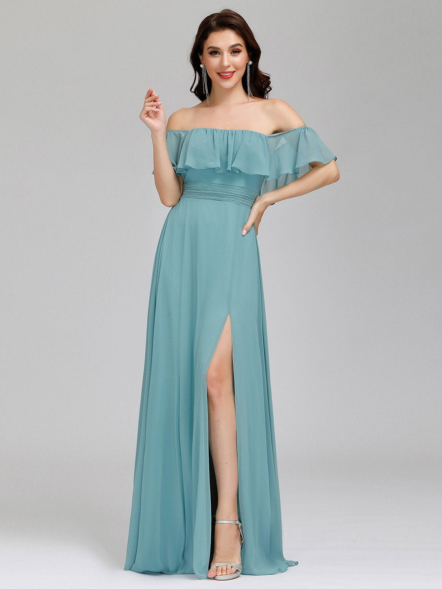 Color=Dusty Blue | Women'S A-Line Off Shoulder Ruffle Thigh Split Bridesmaid Dress-Dusty Blue 6