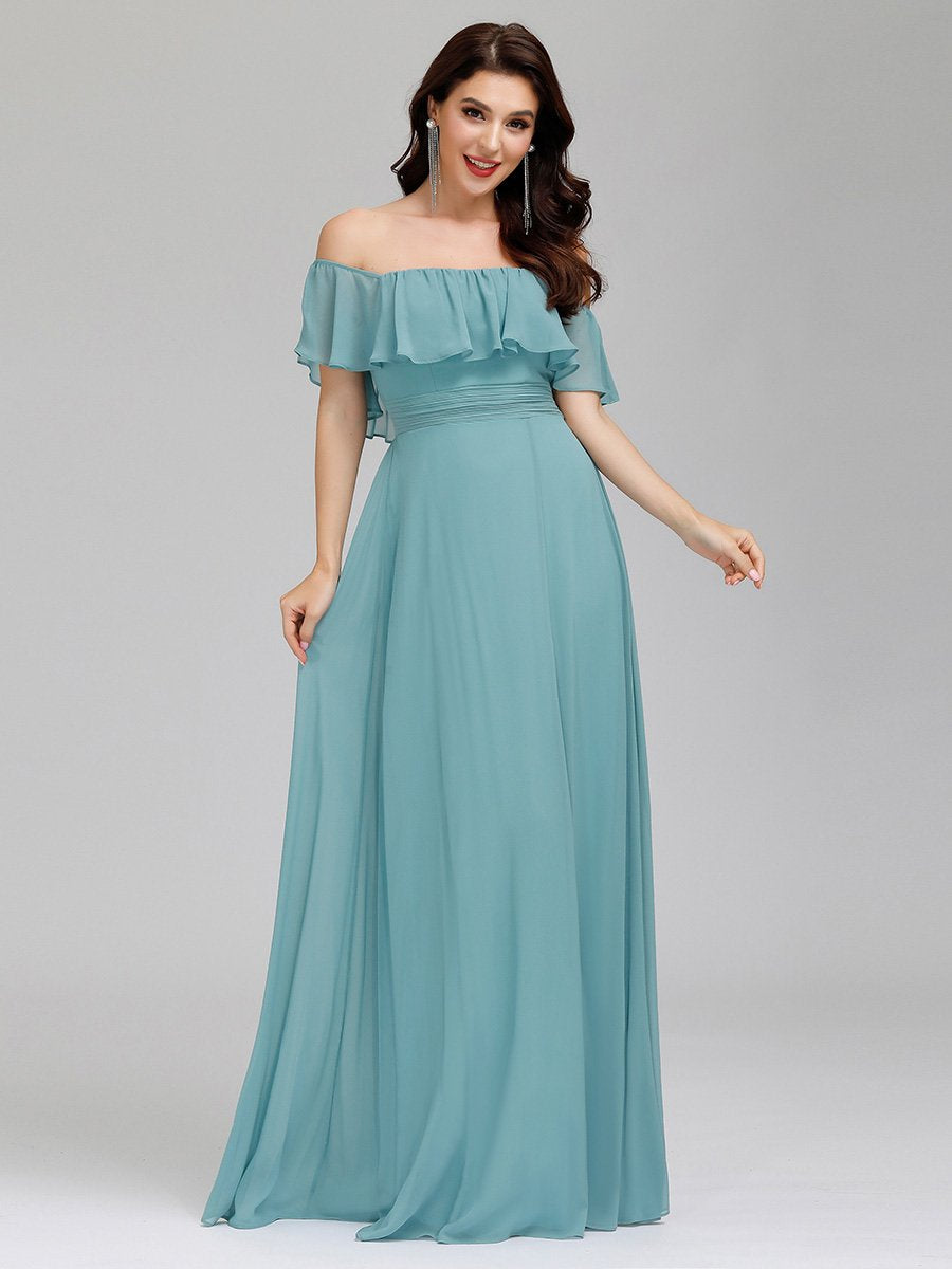 Color=Dusty Blue | Women'S A-Line Off Shoulder Ruffle Thigh Split Bridesmaid Dress-Dusty Blue 8