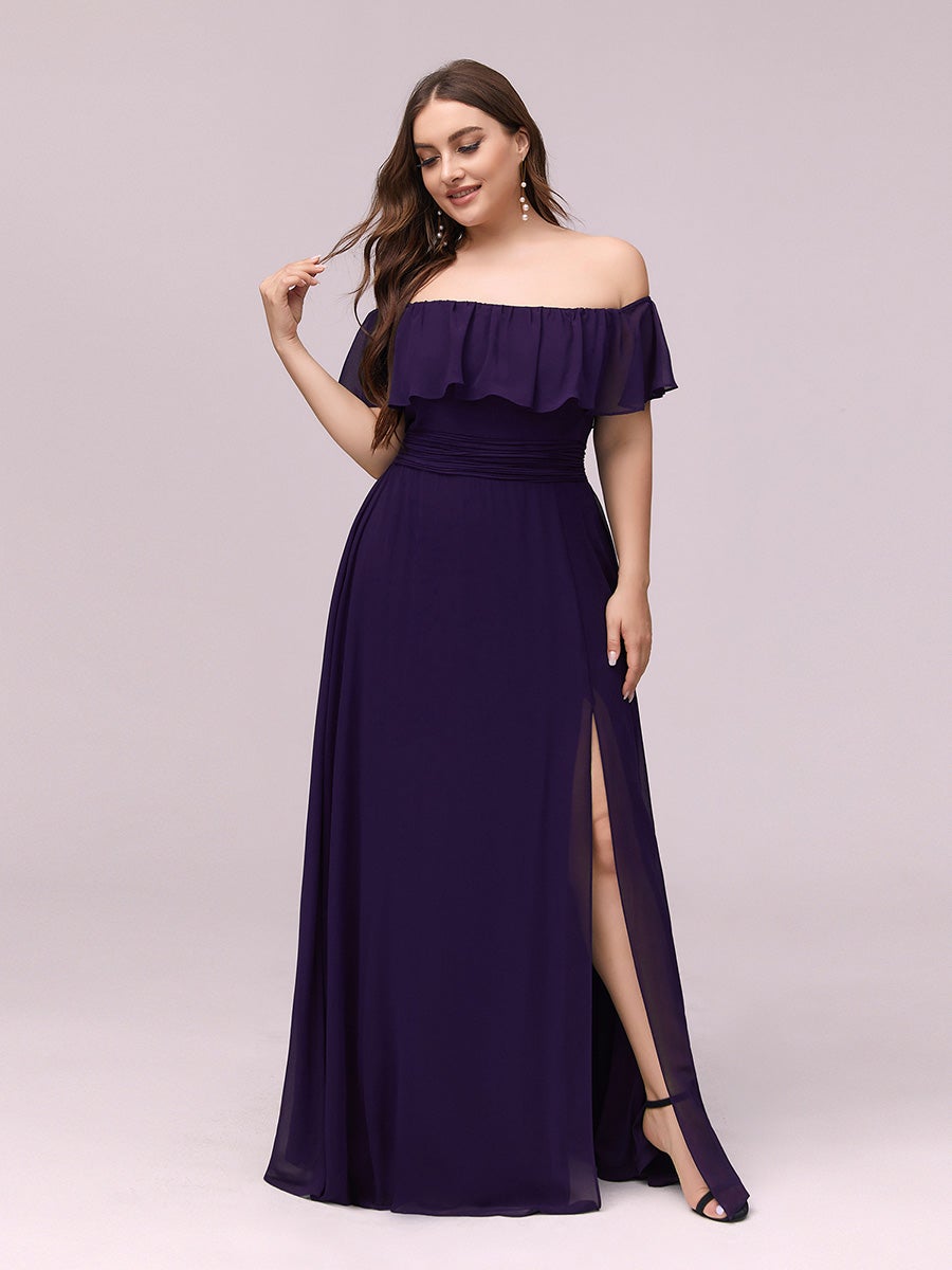 Color=Dark Purple | Plus Size Women'S A-Line Off Shoulder Ruffle Thigh Split Bridesmaid Dresses Ep00968-Dark Purple 3
