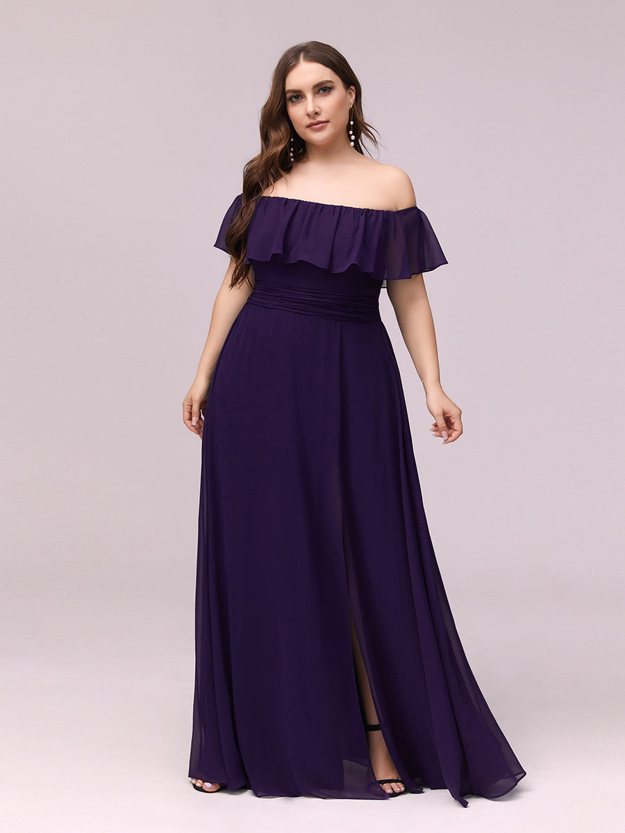 Color=Dark Purple | Plus Size Women'S A-Line Off Shoulder Ruffle Thigh Split Bridesmaid Dresses Ep00968-Dark Purple 4