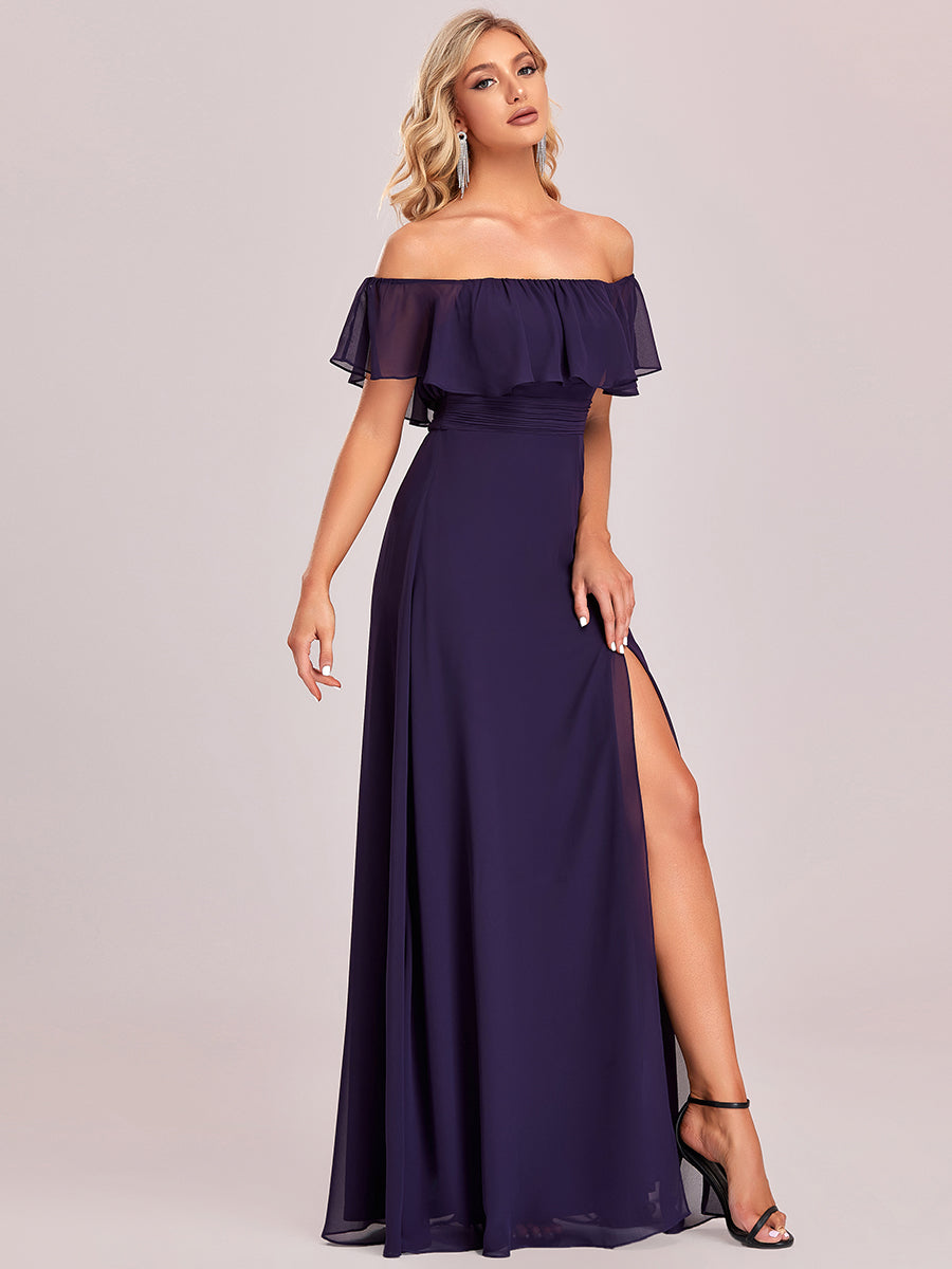 Color=Dark Purple | Women'S A-Line Off Shoulder Ruffle Thigh Split Bridesmaid Dresses Ep00968-Dark Purple 4