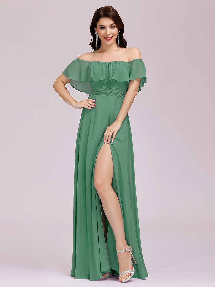 Color=Green Bean | A-Line Off Shoulder Ruffle Thigh Split Bridesmaid Dress-Green Bean 3