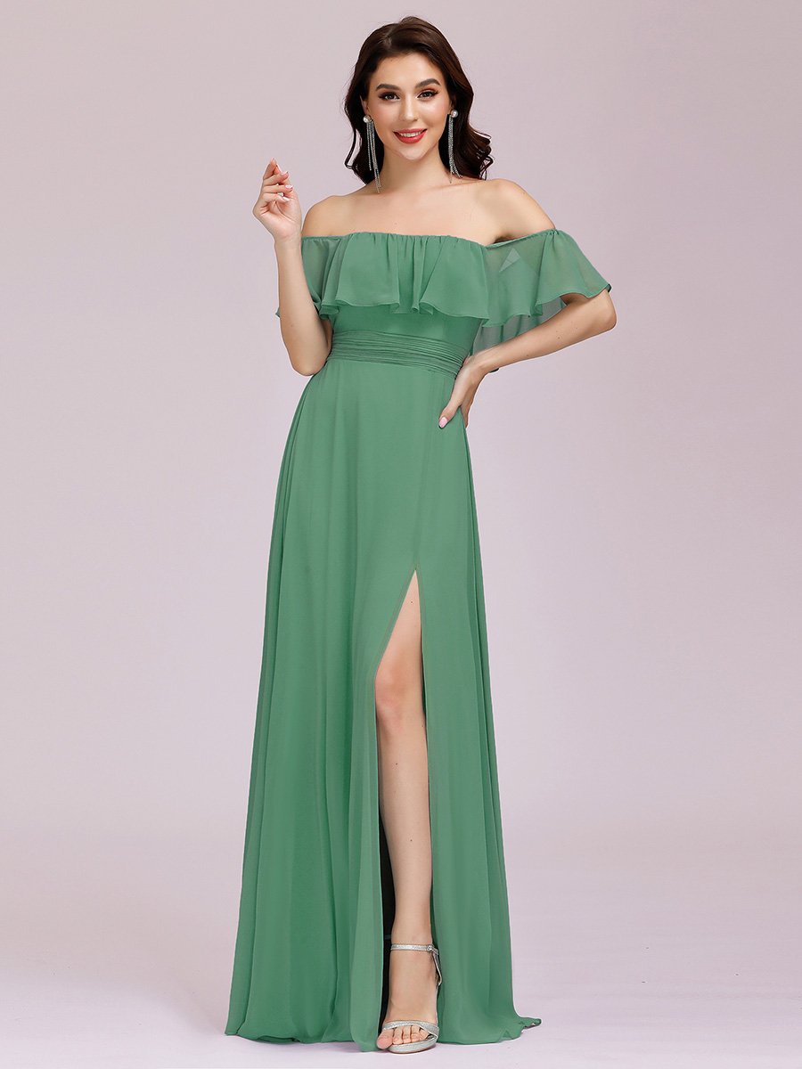 Color=Green Bean | Women'S A-Line Off Shoulder Ruffle Thigh Split Bridesmaid Dress-Green Bean 4
