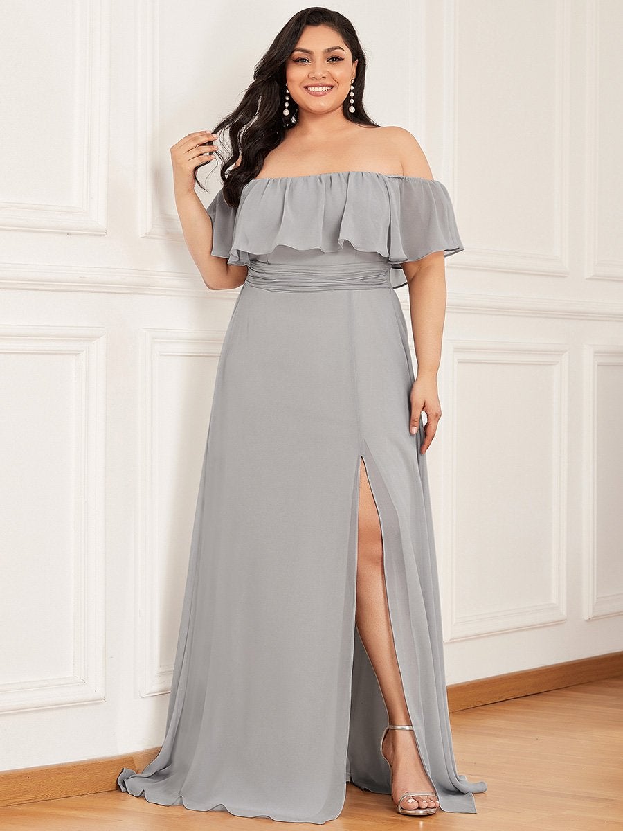 Color=Grey | Women'S A-Line Off Shoulder Ruffle Thigh Split Bridesmaid Dress-Grey 1