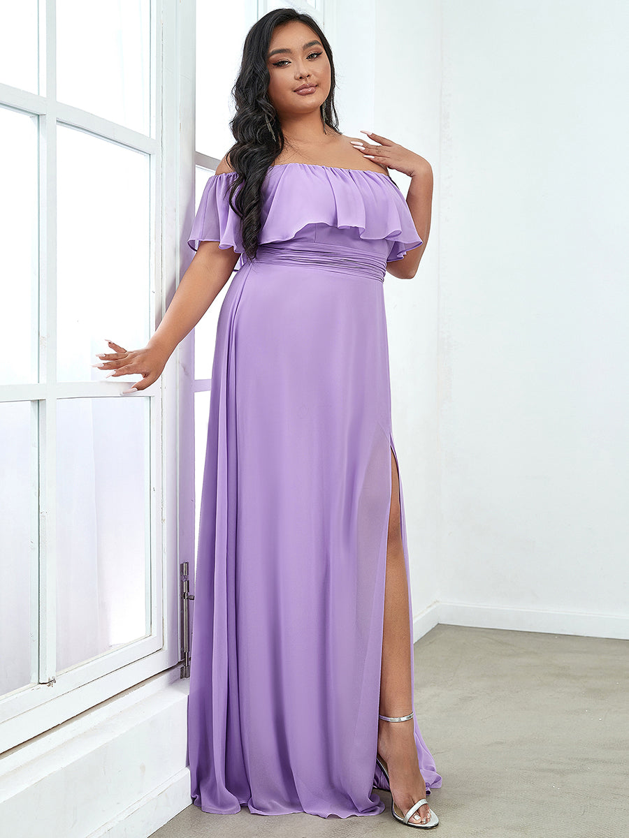 Color=Lavender | Plus Size Women'S A-Line Off Shoulder Ruffle Thigh Split Bridesmaid Dresses Ep00968-Lavender 4
