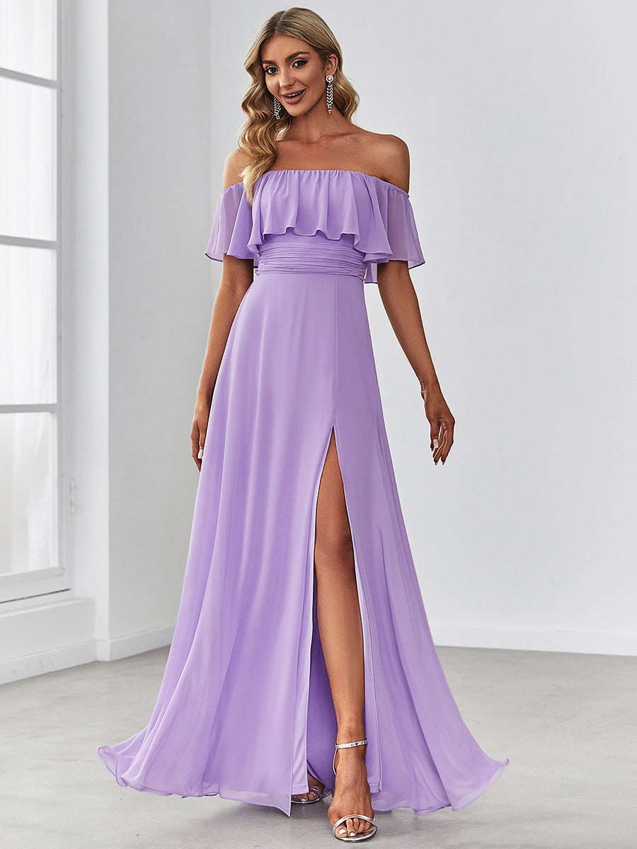 Color=Lavender | A-Line Off Shoulder Ruffle Thigh Split Bridesmaid Dress-Lavender 1