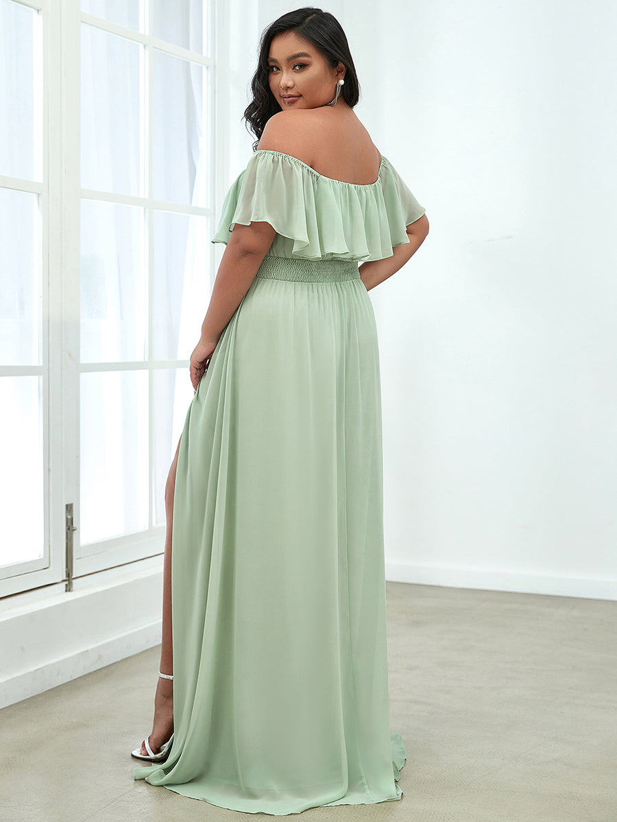 Color=Mint Green | Plus Size Women'S A-Line Off Shoulder Ruffle Thigh Split Bridesmaid Dresses Ep00968-Mint Green 2