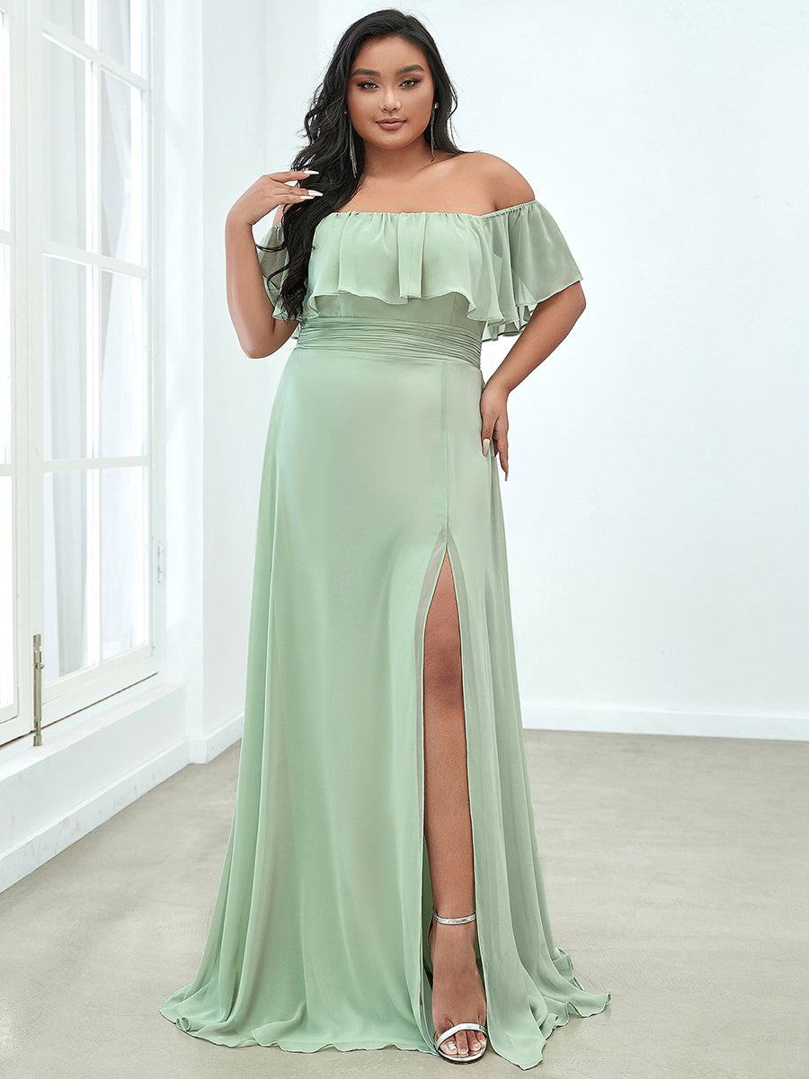 Color=Mint Green | Plus Size Women'S A-Line Off Shoulder Ruffle Thigh Split Bridesmaid Dresses Ep00968-Mint Green 1