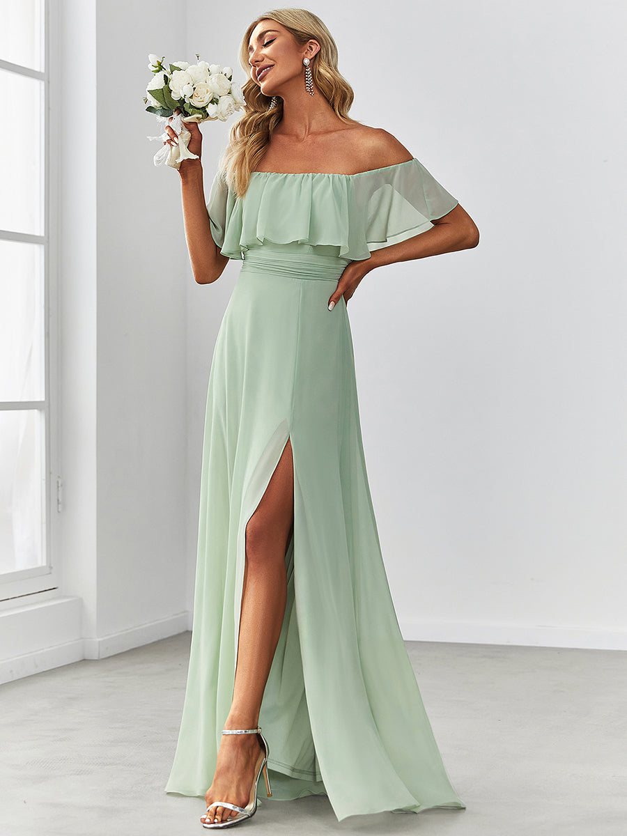 Color=Mint Green | Women'S A-Line Off Shoulder Ruffle Thigh Split Bridesmaid Dress-Mint Green 3