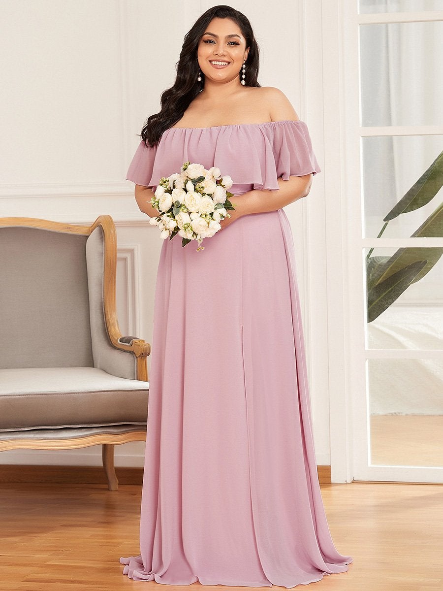 Color=Mauve | Women'S A-Line Off Shoulder Ruffle Thigh Split Bridesmaid Dress-Mauve 1