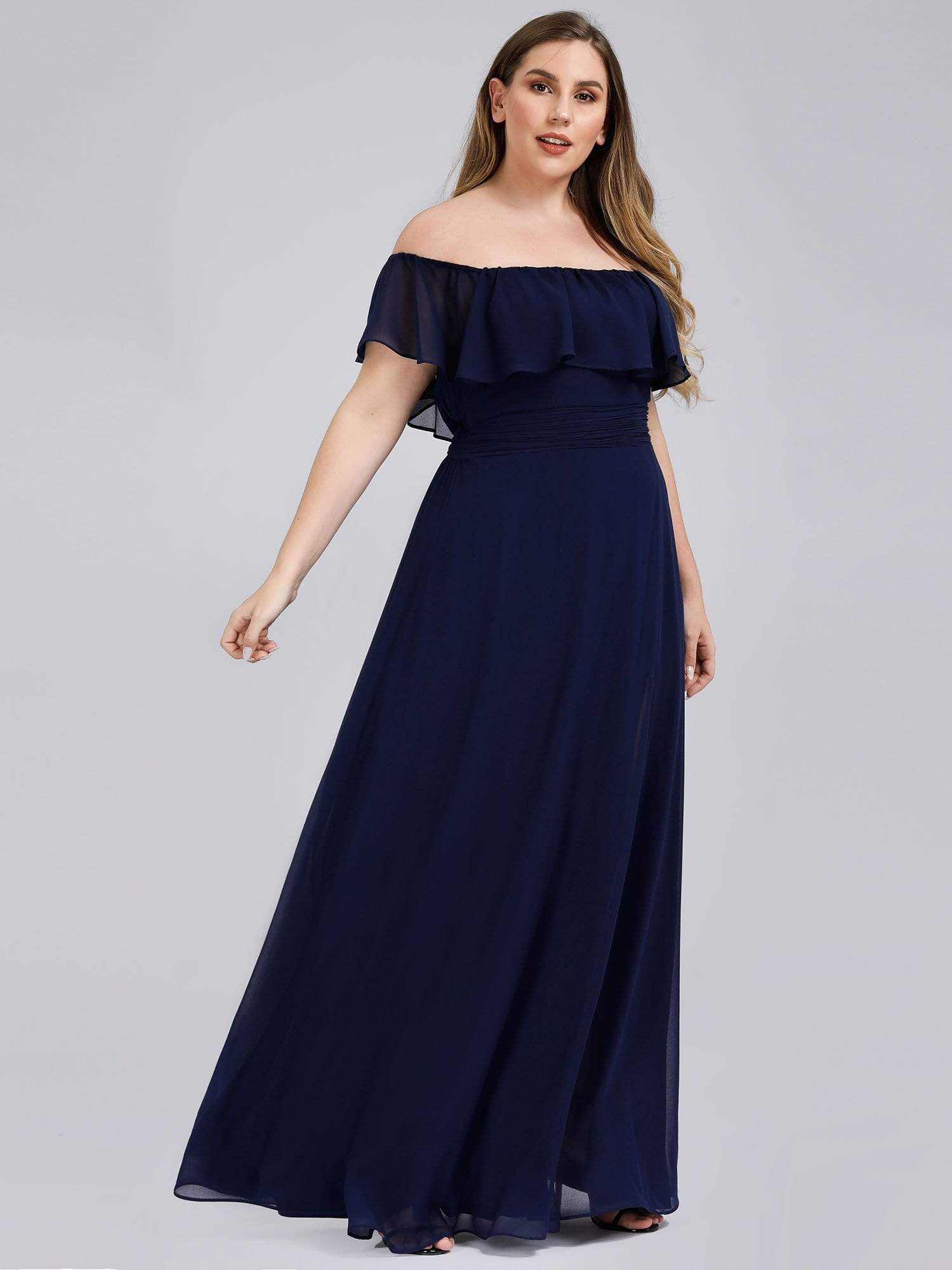 Color=Navy Blue | Plus Size Women'S A-Line Off Shoulder Ruffle Thigh Split Bridesmaid Dresses Ep00968-Navy Blue 4