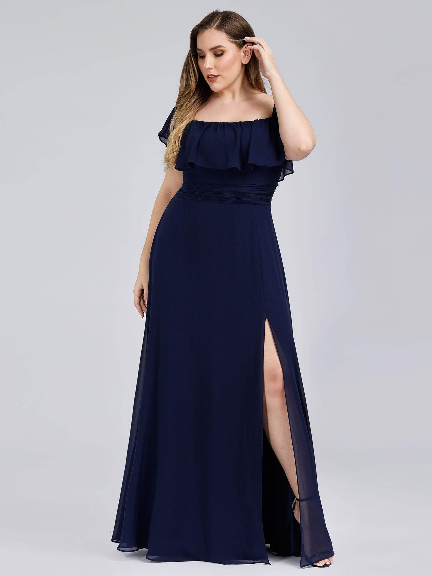 Color=Navy Blue | Plus Size Women'S A-Line Off Shoulder Ruffle Thigh Split Bridesmaid Dresses Ep00968-Navy Blue 1
