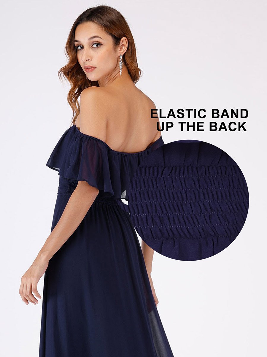 Color=Navy Blue | Women'S A-Line Off Shoulder Ruffle Thigh Split Bridesmaid Dress-Navy Blue 5