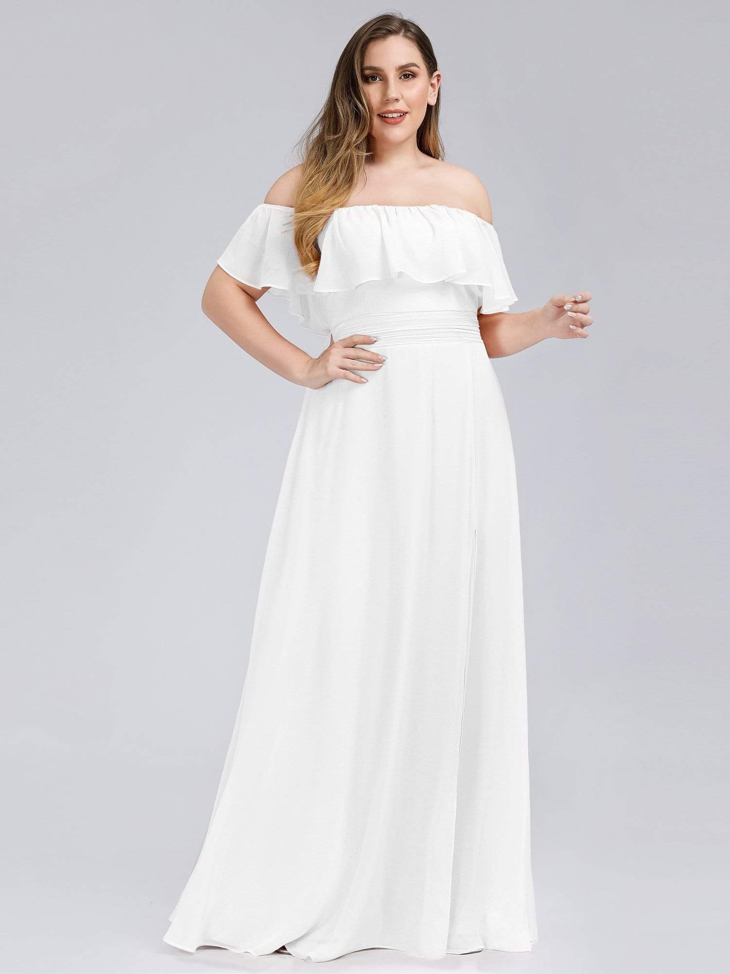 Color=White | Plus Size Women'S A-Line Off Shoulder Ruffle Thigh Split Bridesmaid Dresses Ep00968-White 3