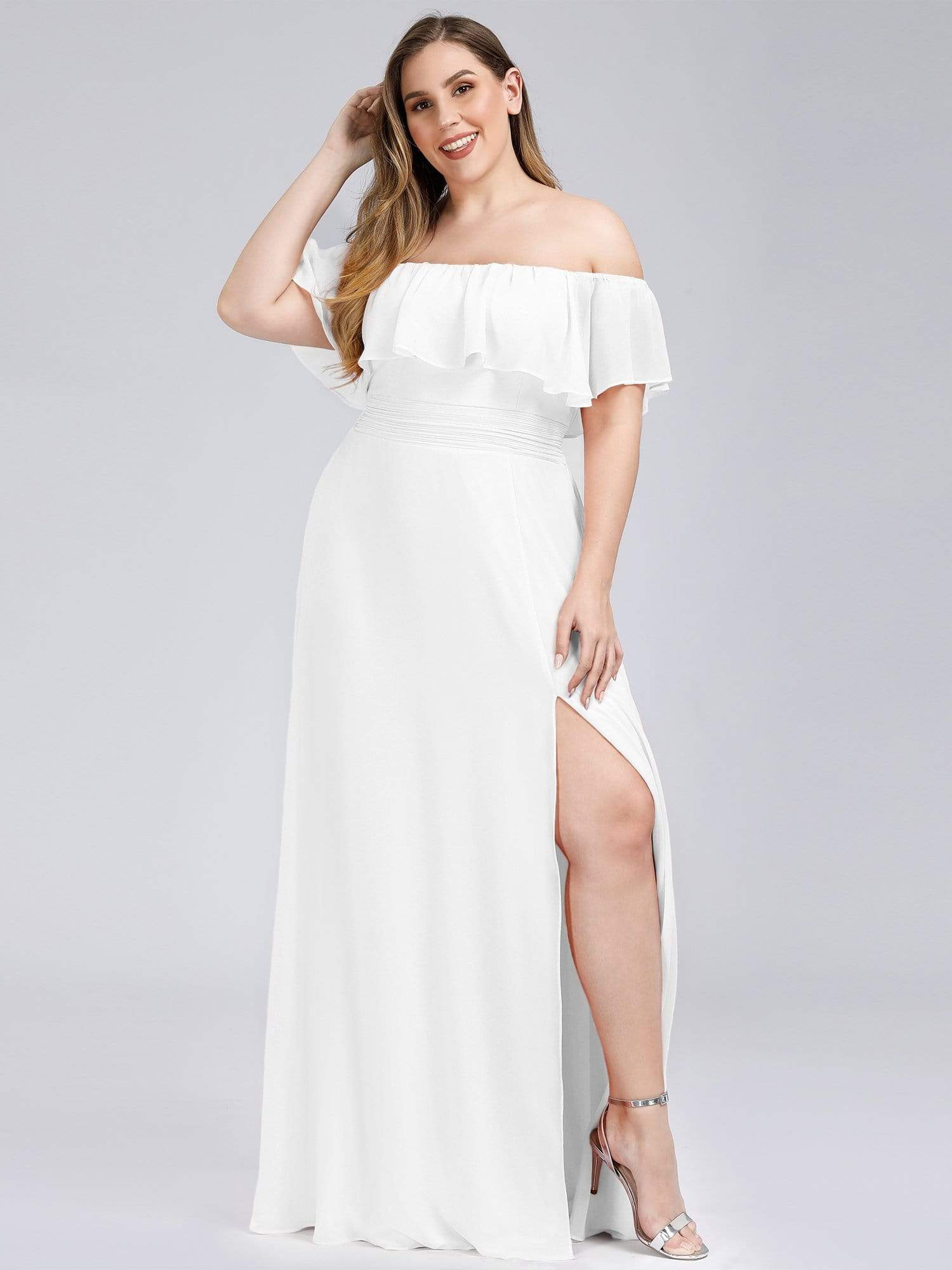 Color=White | Plus Size Women'S A-Line Off Shoulder Ruffle Thigh Split Bridesmaid Dresses Ep00968-White 4