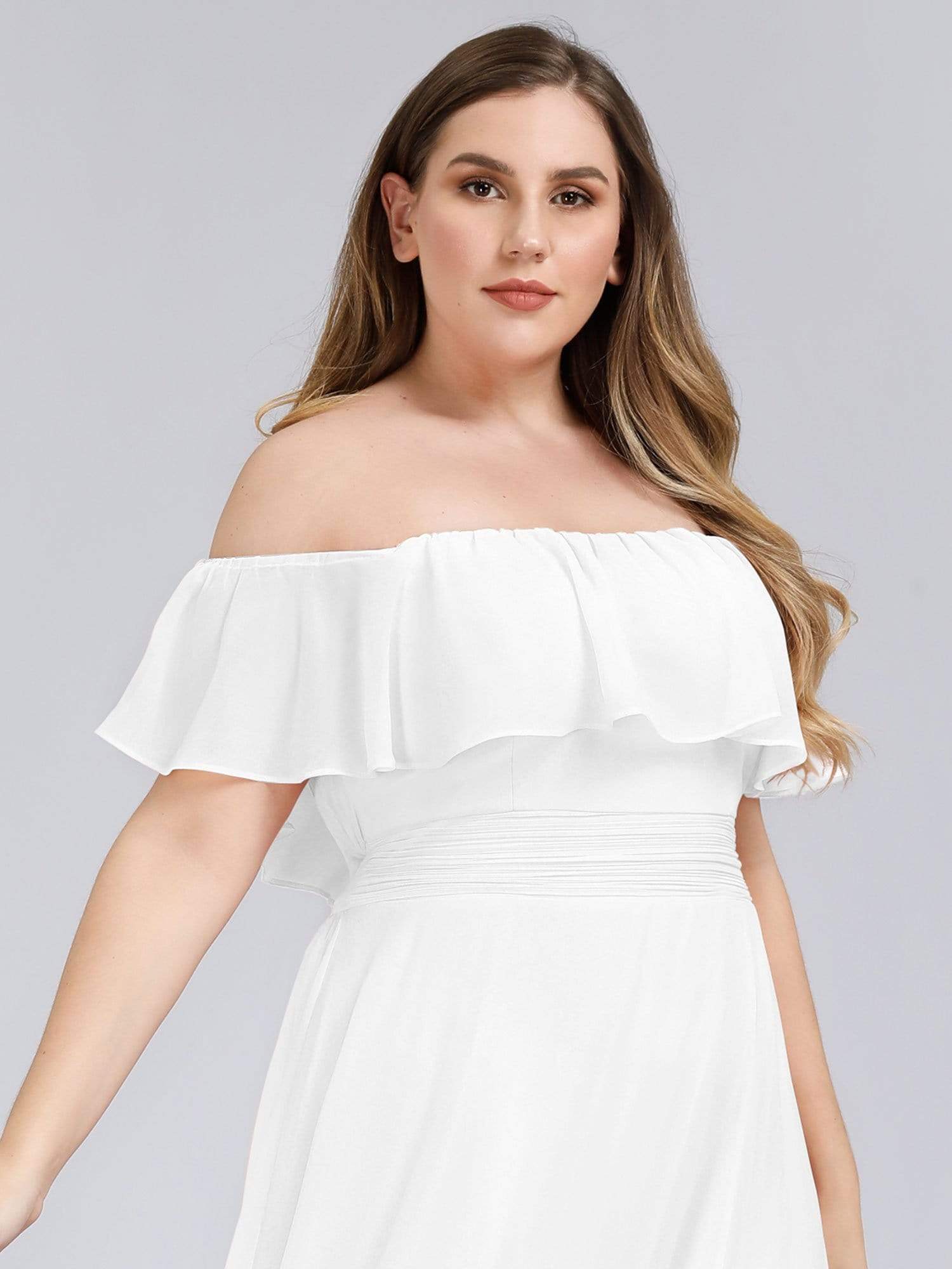 Color=White | Plus Size Women'S A-Line Off Shoulder Ruffle Thigh Split Bridesmaid Dresses Ep00968-White 5