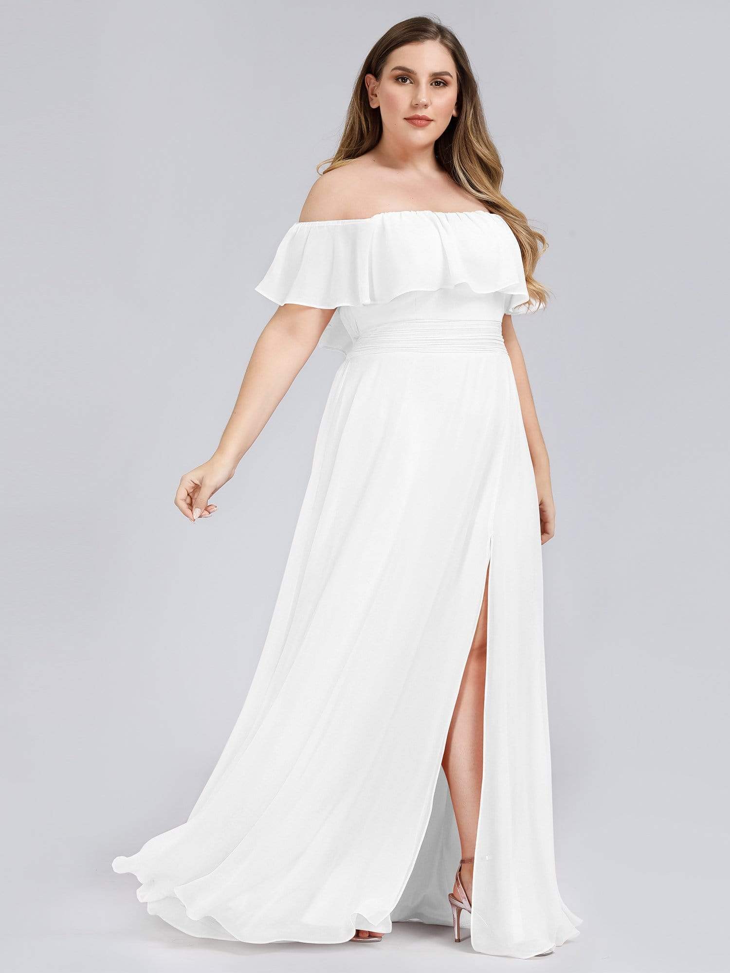 Color=White | Plus Size Women'S A-Line Off Shoulder Ruffle Thigh Split Bridesmaid Dresses Ep00968-White 1