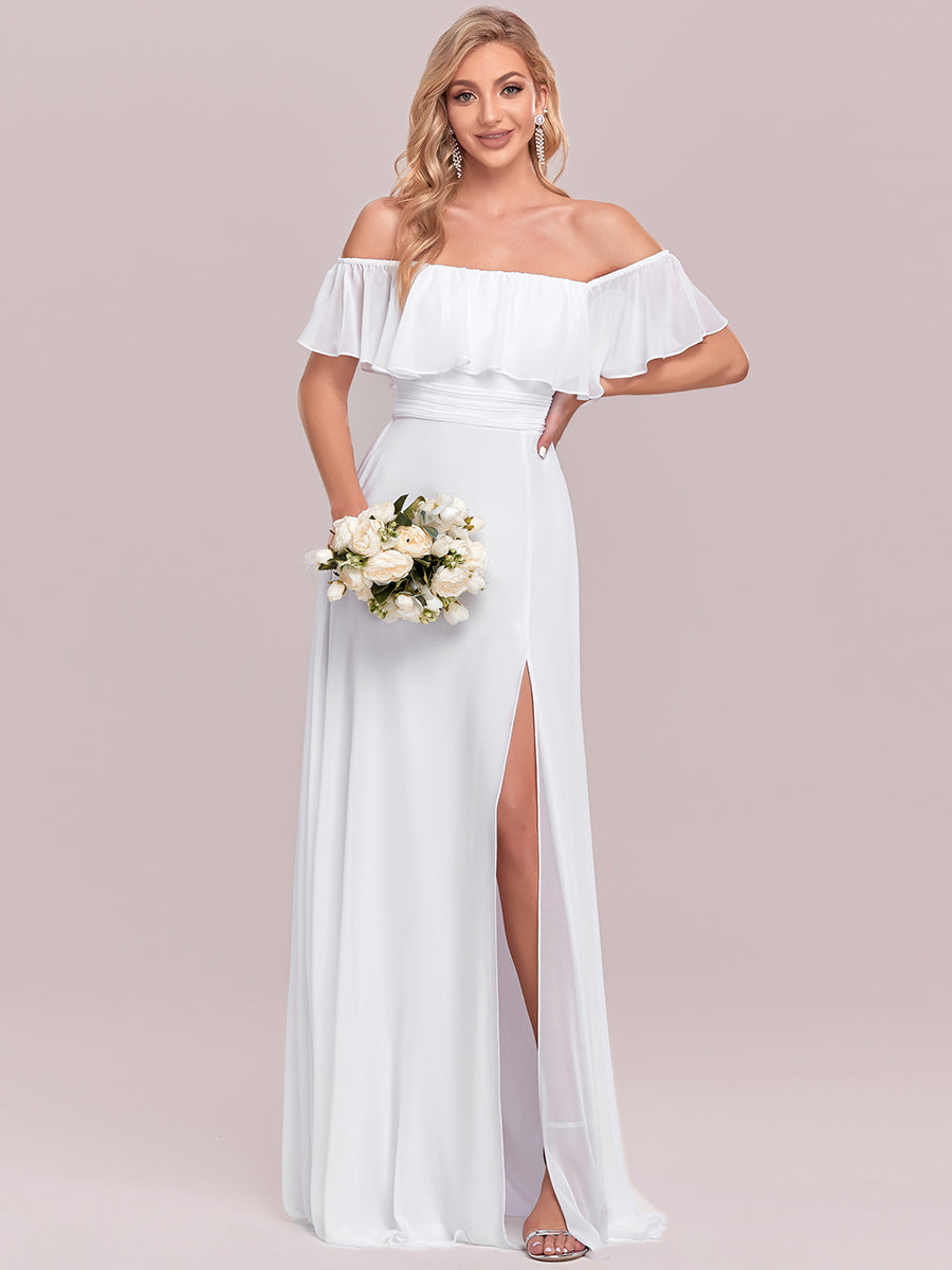 Color=White | Women'S A-Line Off Shoulder Ruffle Thigh Split Bridesmaid Dresses Ep00968-White 1