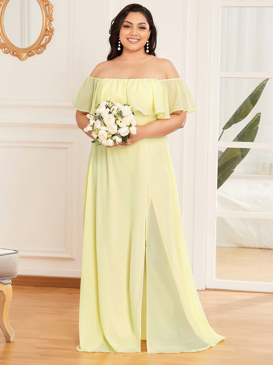 Color=Yellow | Women'S A-Line Off Shoulder Ruffle Thigh Split Bridesmaid Dress-Yellow 4