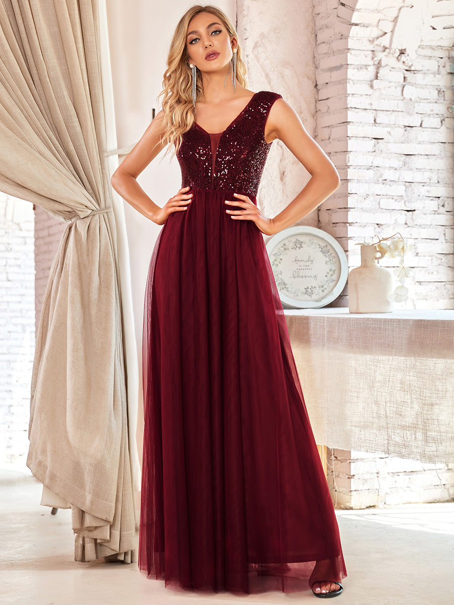 Color=Burgundy | Women'S A-Line V-Neck Sequin Dress Floor-Length Prom Dresses Ep00983-Burgundy 4