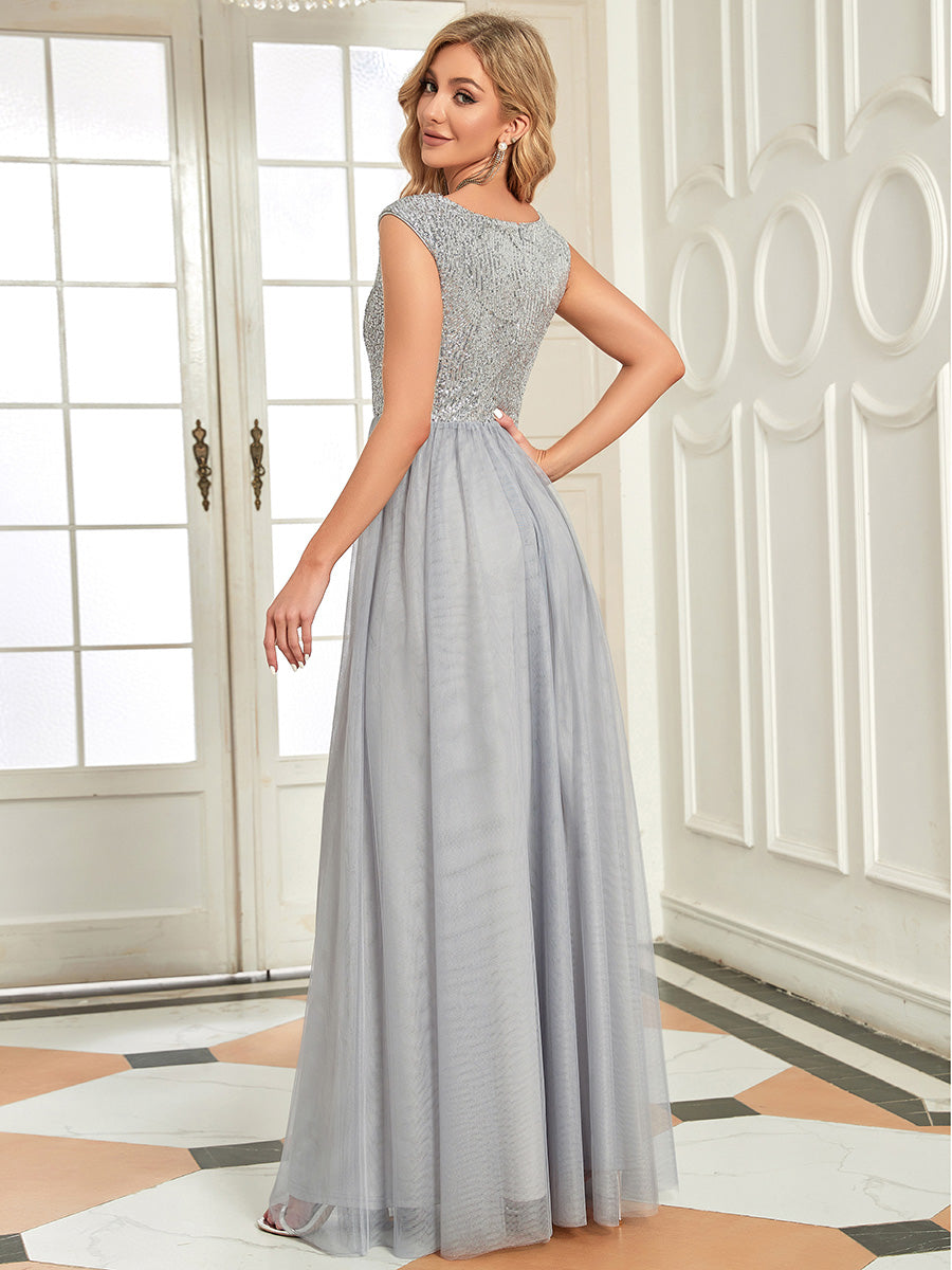 Color=Grey | Women'S A-Line V-Neck Sequin Dress Floor-Length Prom Dresses Ep00983-Grey 2