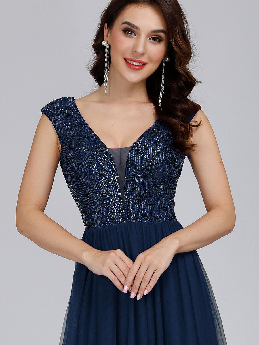 Color=Navy Blue | Women'S A-Line V-Neck Sequin Dress Floor-Length Prom Dresses Ep00983- Navy Blue 5