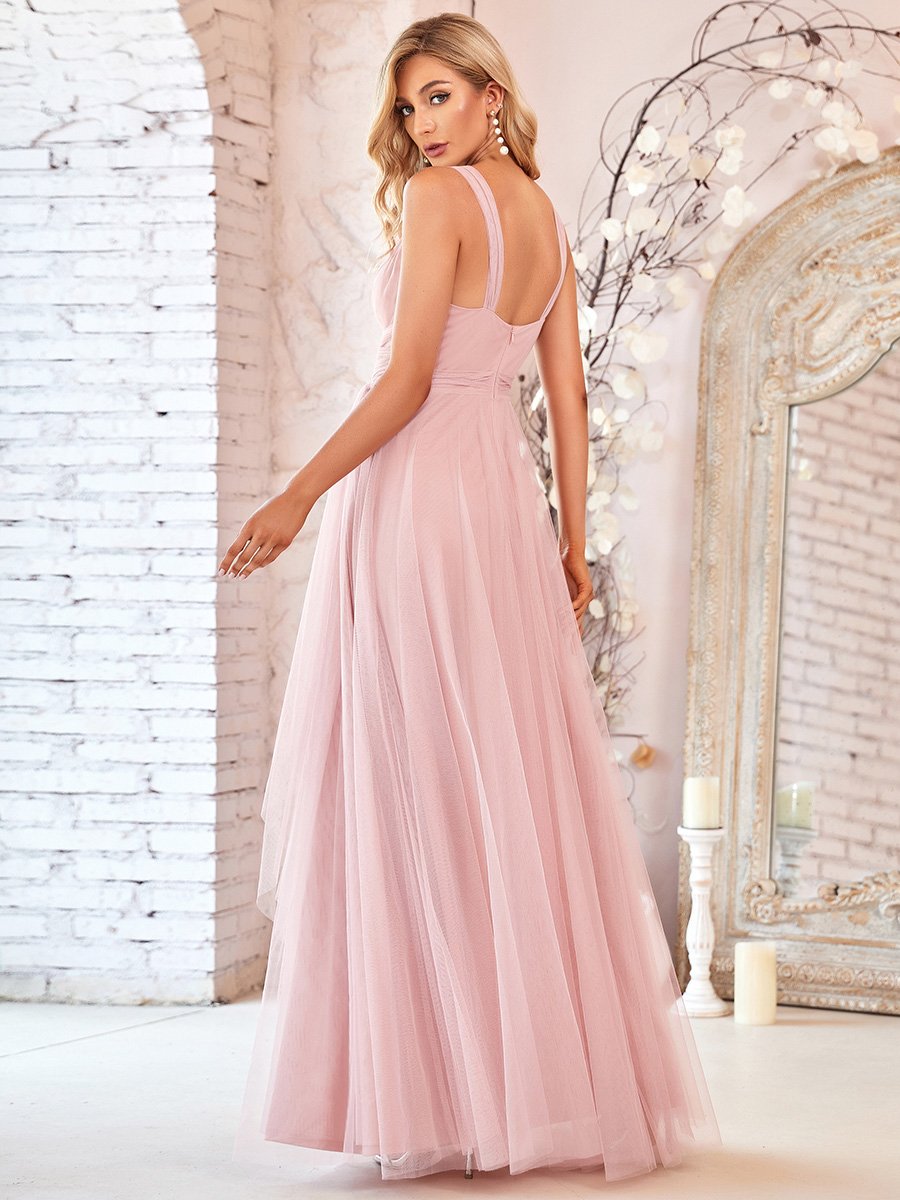 Color=Blush | Floor Length Sleeveless Wholesale Tulle Bridesmaid Dresses-Blush 3