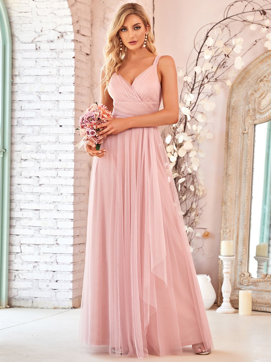 Color=Blush | Floor Length Sleeveless Wholesale Tulle Bridesmaid Dresses-Blush 4